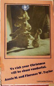 Christmas card with stylized tree and single individual.
