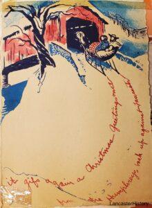 Drawing of a sleigh entering a covered bridge